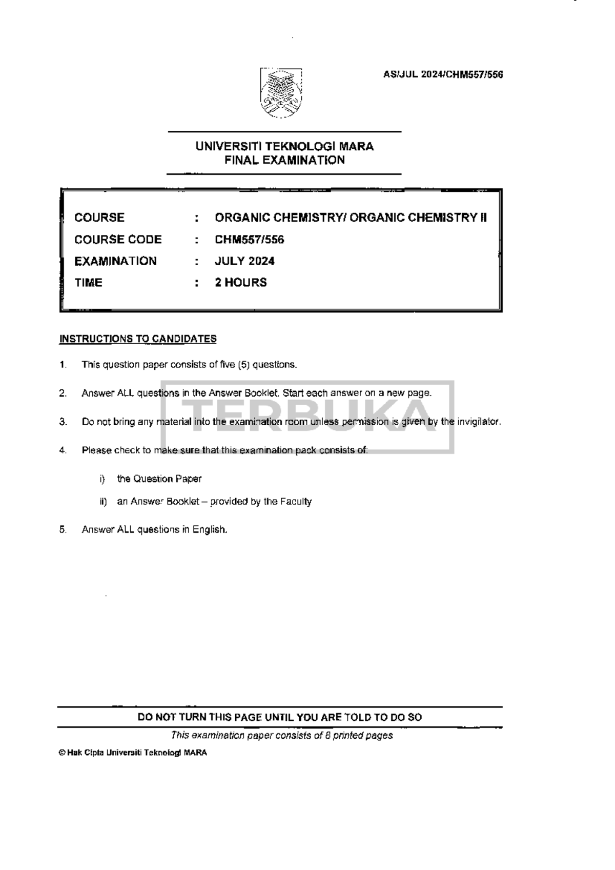 CHM557 Final Exam: Organic Chemistry II - July 2024 Examination Paper ...