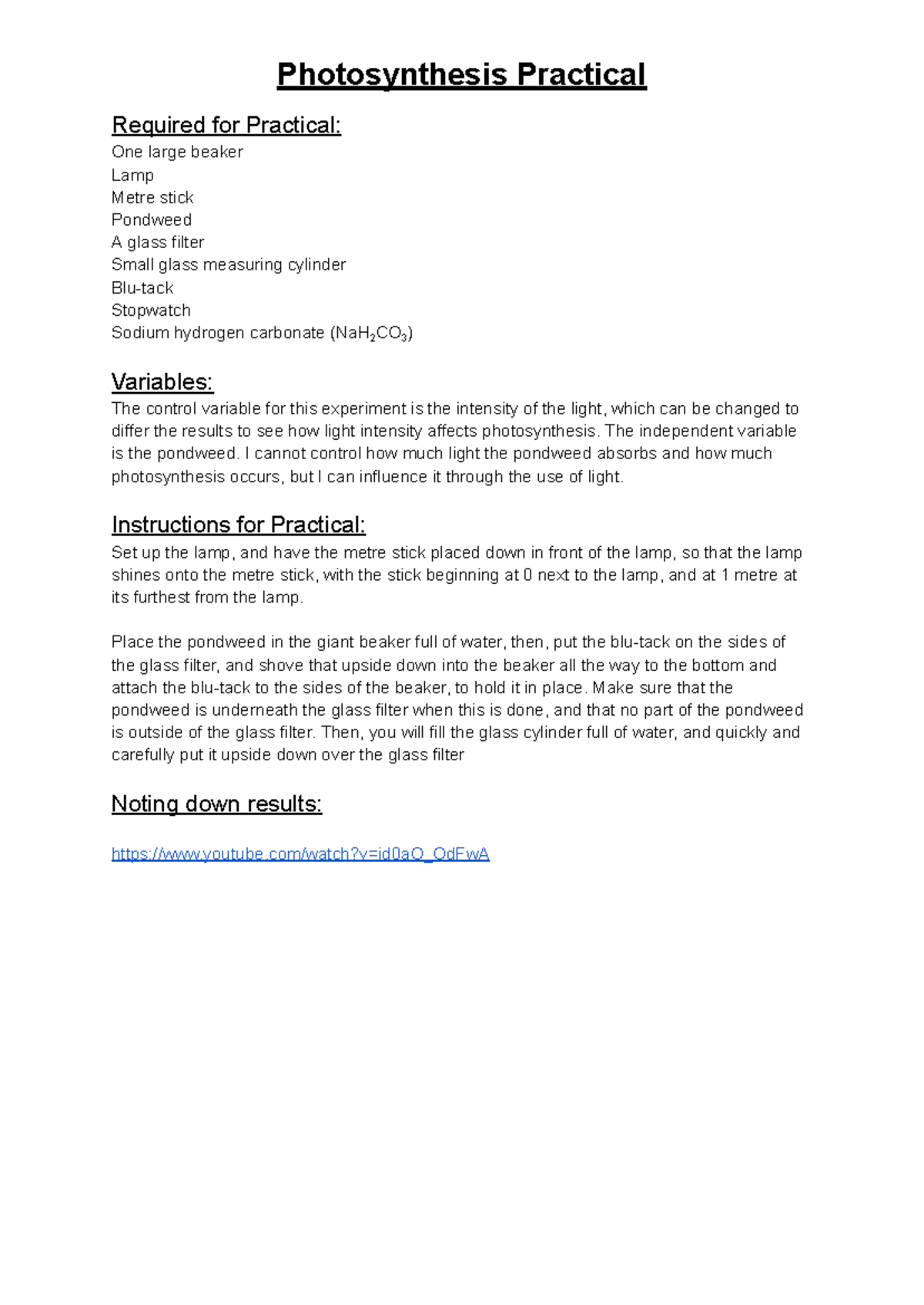 Photosynthesis practical experiment setup and instructions studocu