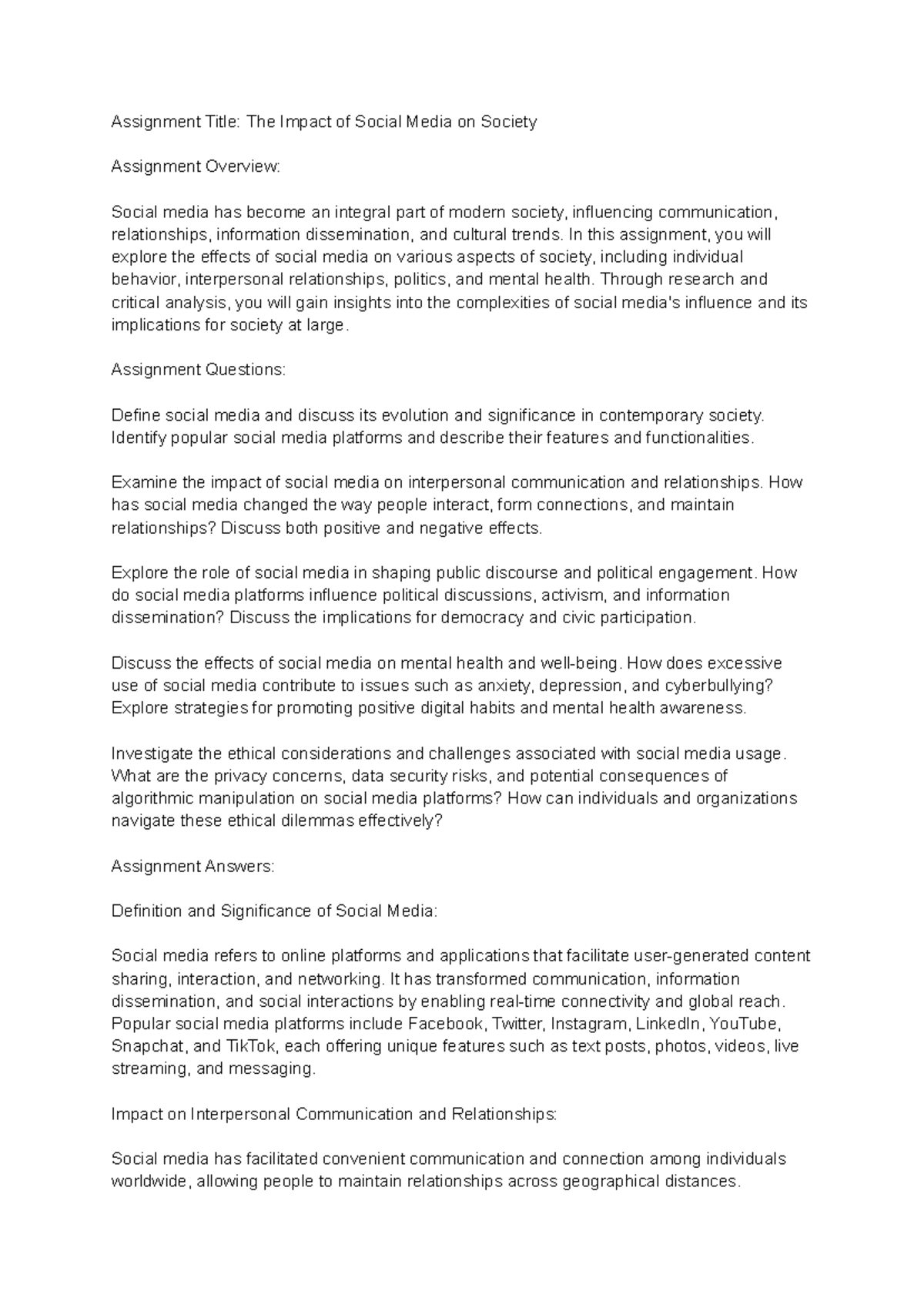 SOC101: Assignment on The Impact of Social Media on Society - Studocu