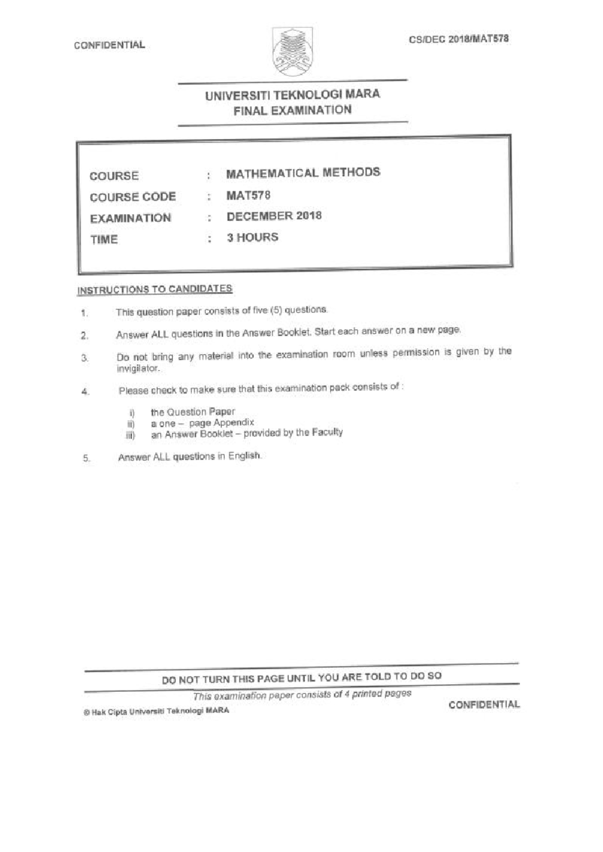 Exam Past year questions for student - CONFIDENTIAL UNIVERSITI ...