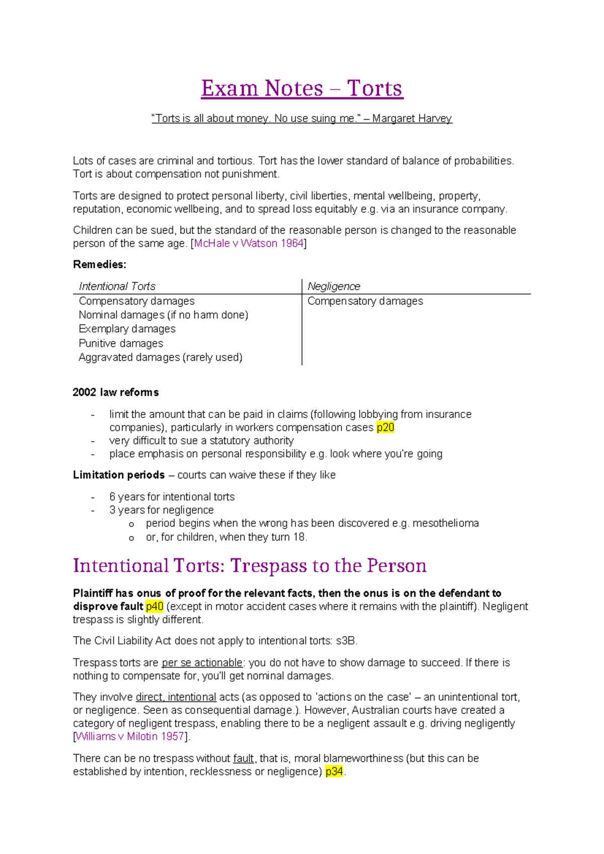 Exam Notes - Torts - Key Concepts and Case Law Overview - Studocu