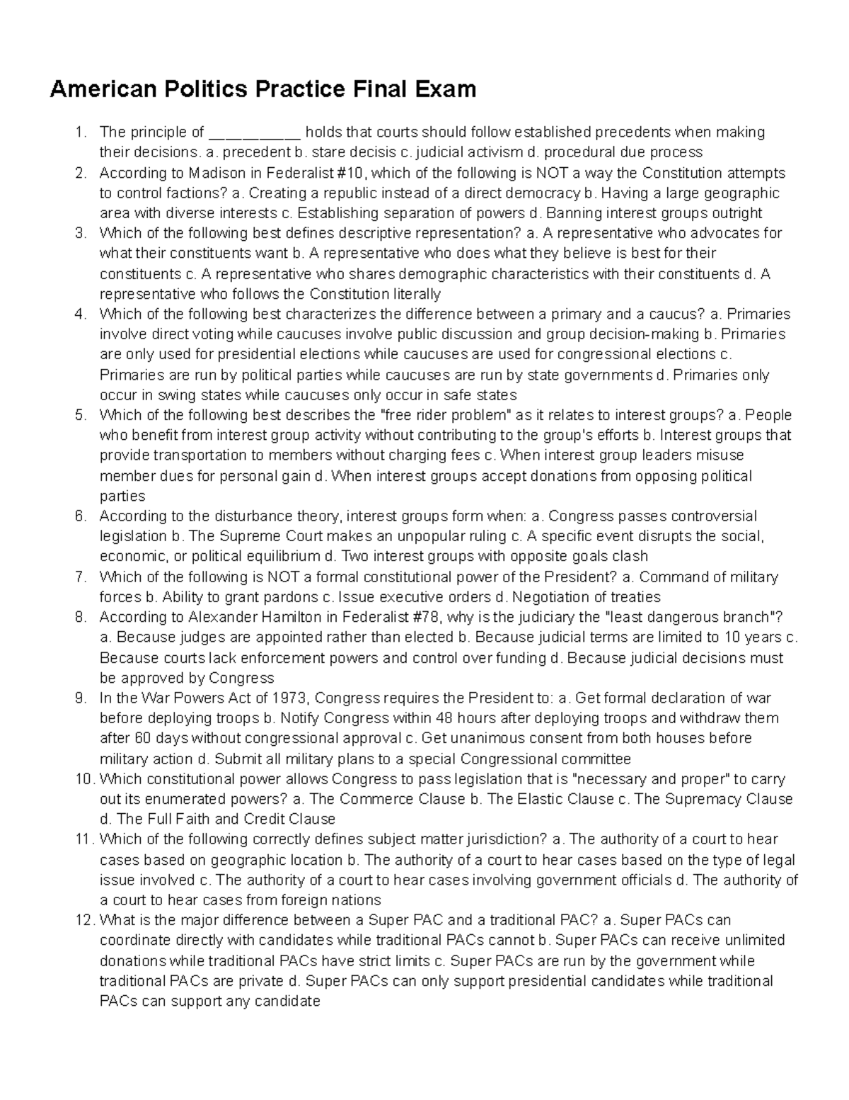 American Politics Practice Final Exam - Key Concepts and Questions ...