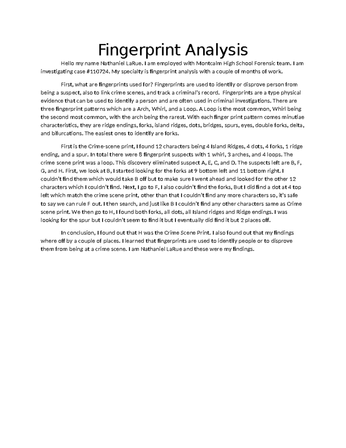 Fingerprint Analysis Case Study - Montcalm High Forensics - Studocu