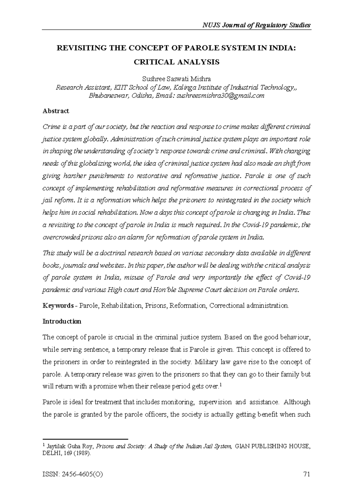 NUJS Journal of Regulatory Studies: Critical Analysis of Parole System ...