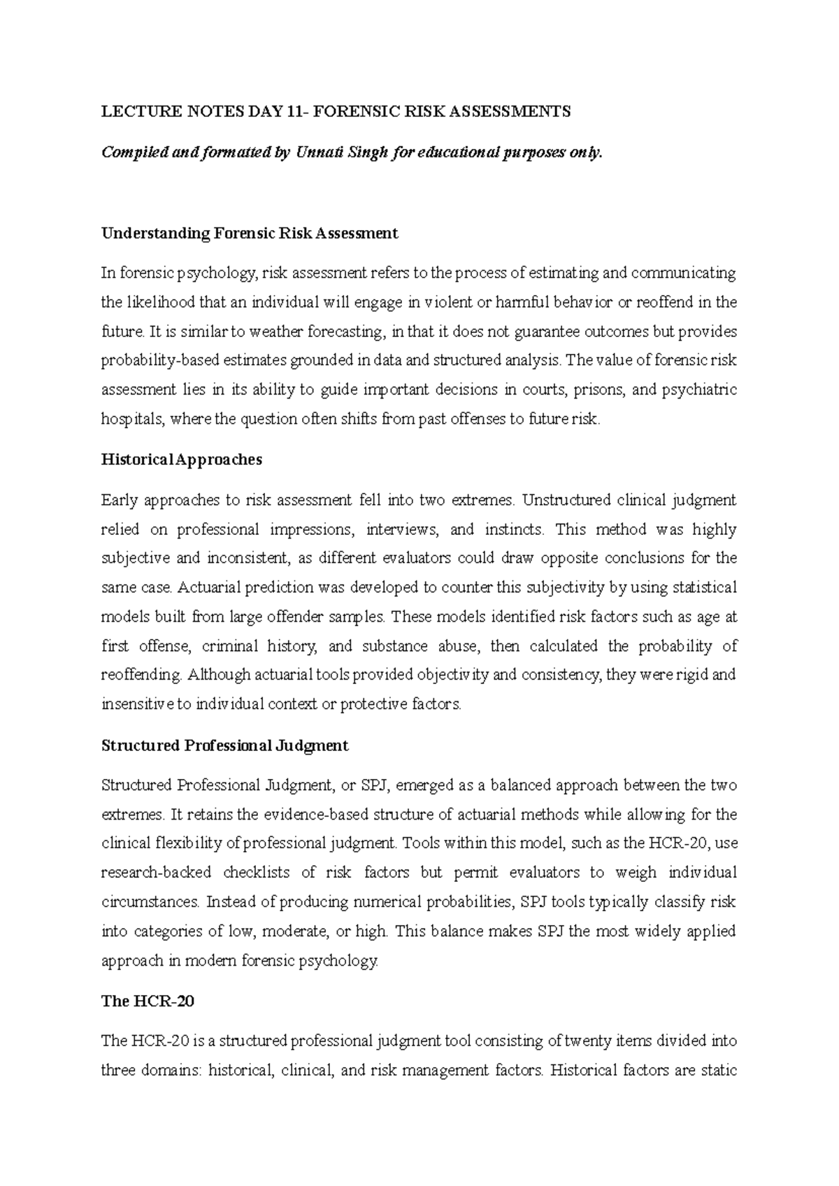 LECTURE NOTES DAY 11: Forensic Risk Assessments Overview - Studocu
