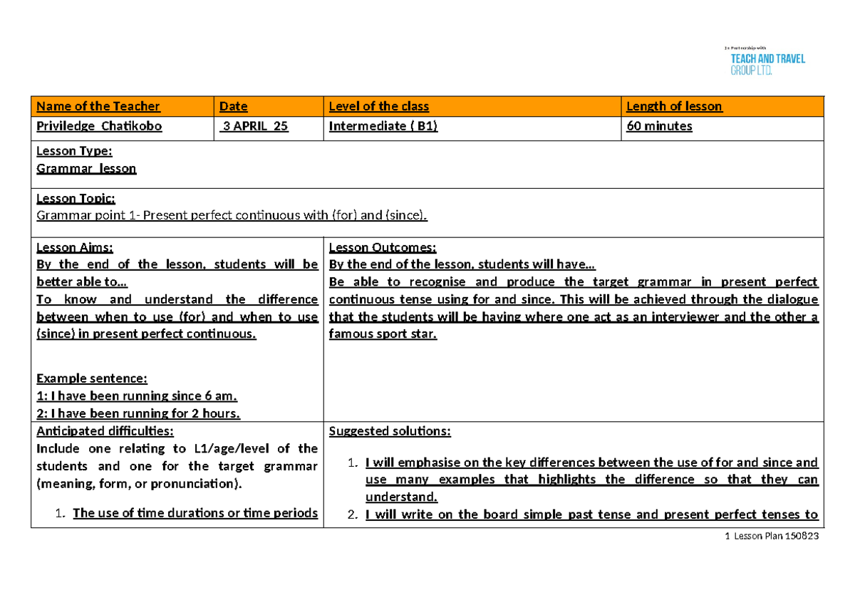 TEFL Course Assignment 2: Grammar Lesson on Present Perfect Continuous ...