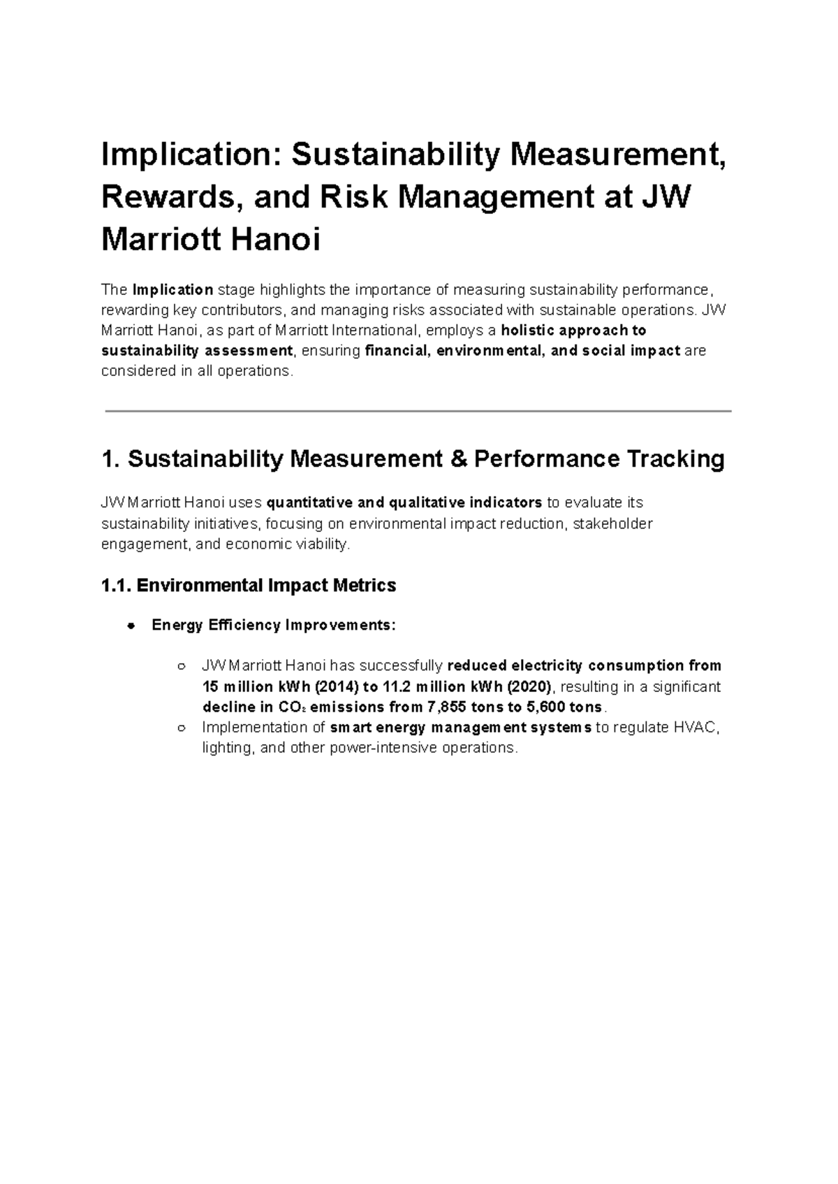 JW Marriott Hanoi: Sustainability Measurement & Risk Management ...