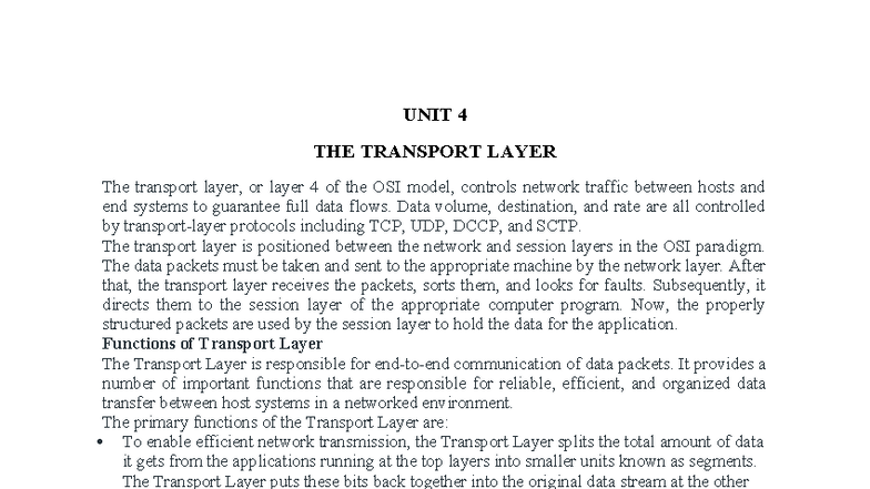 UNIT 4 - The Transport Layer: Key Concepts and Functions - Studocu