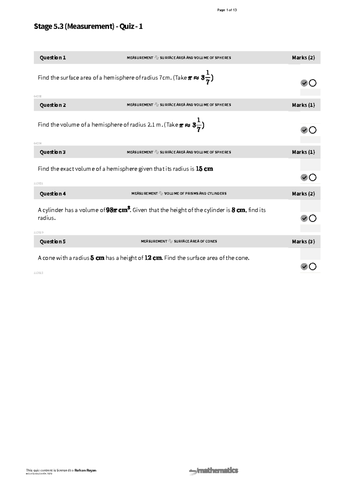 Stage 5.3 Measurement Quiz: Surface Area & Volume Problems - Studocu