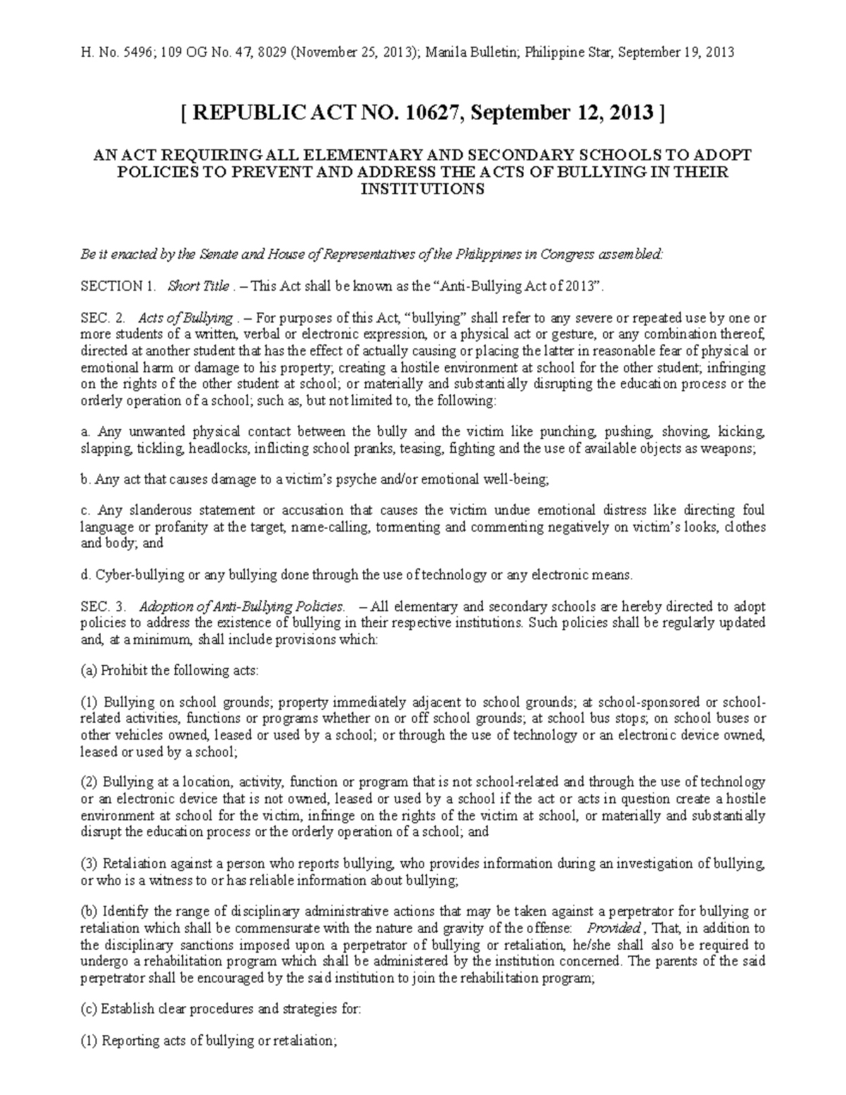 The Anti-Bullying Act of 2013 (RA 10627) - Key Provisions and Policies ...