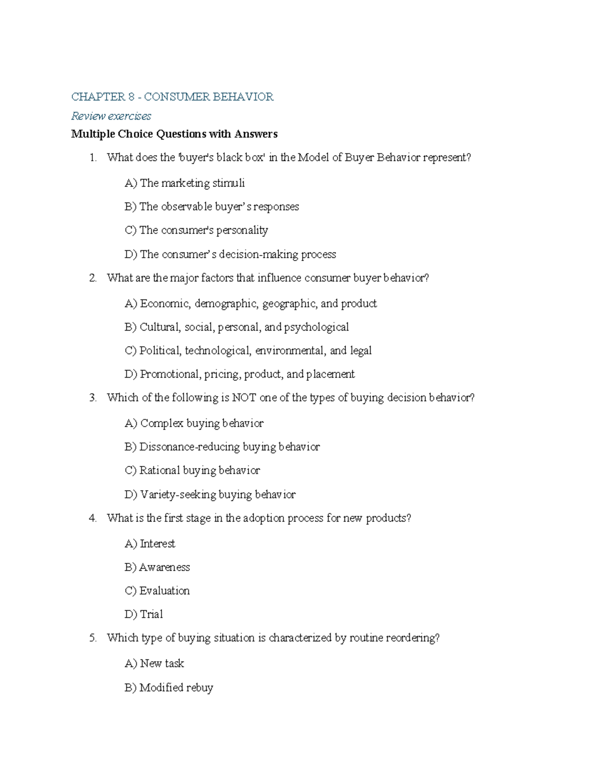 CHAPTER 8 & 9 REVIEW: CONSUMER BEHAVIOR & DIGITAL MARKETING MCQs - Studocu