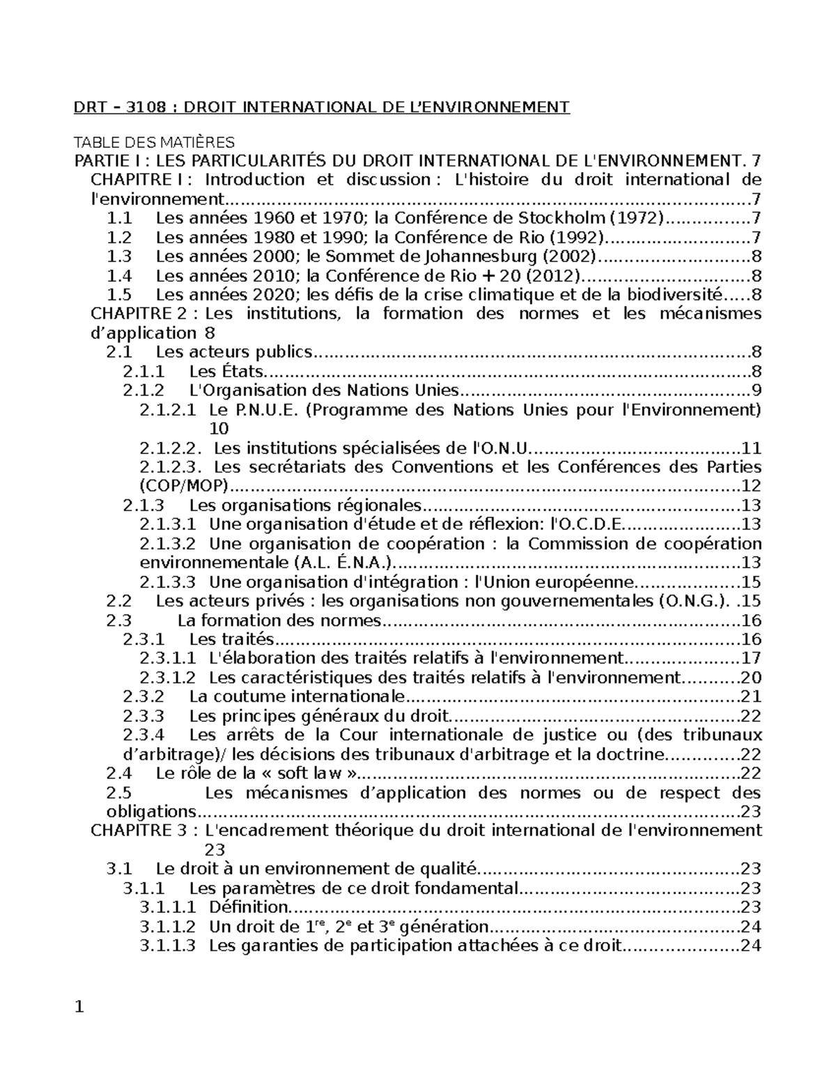 DRT 3108 : Notes de Cours sur le Droit International - Partie I - Studocu