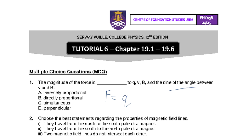 PHY098 Tutorial 6: MCQs & Structured Questions on Magnetism - Studocu