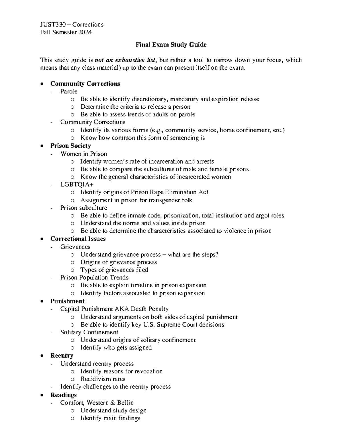 JUST330 – Fall 2024 Final Exam Study Guide on Corrections - JUST330 ...