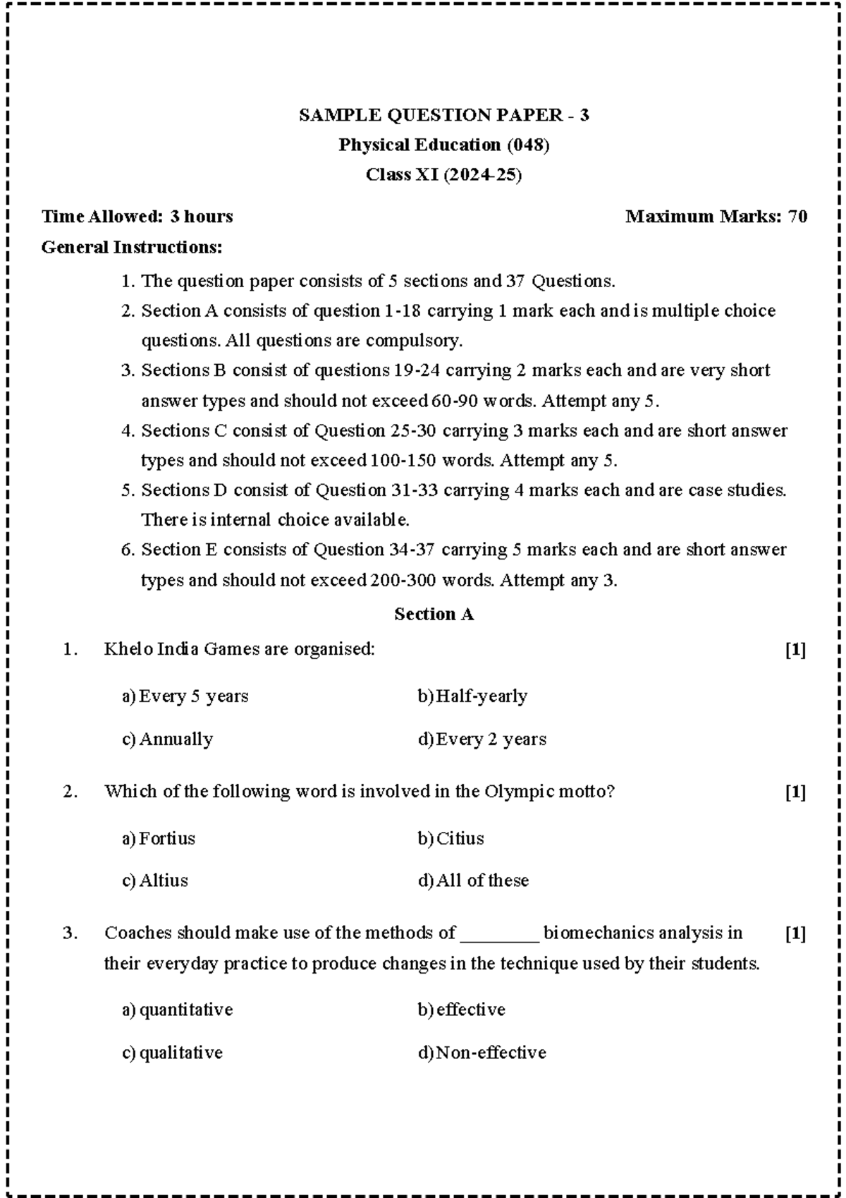 Physical Education 048 - Comprehensive Question Paper (Class XI 2024-25 ...
