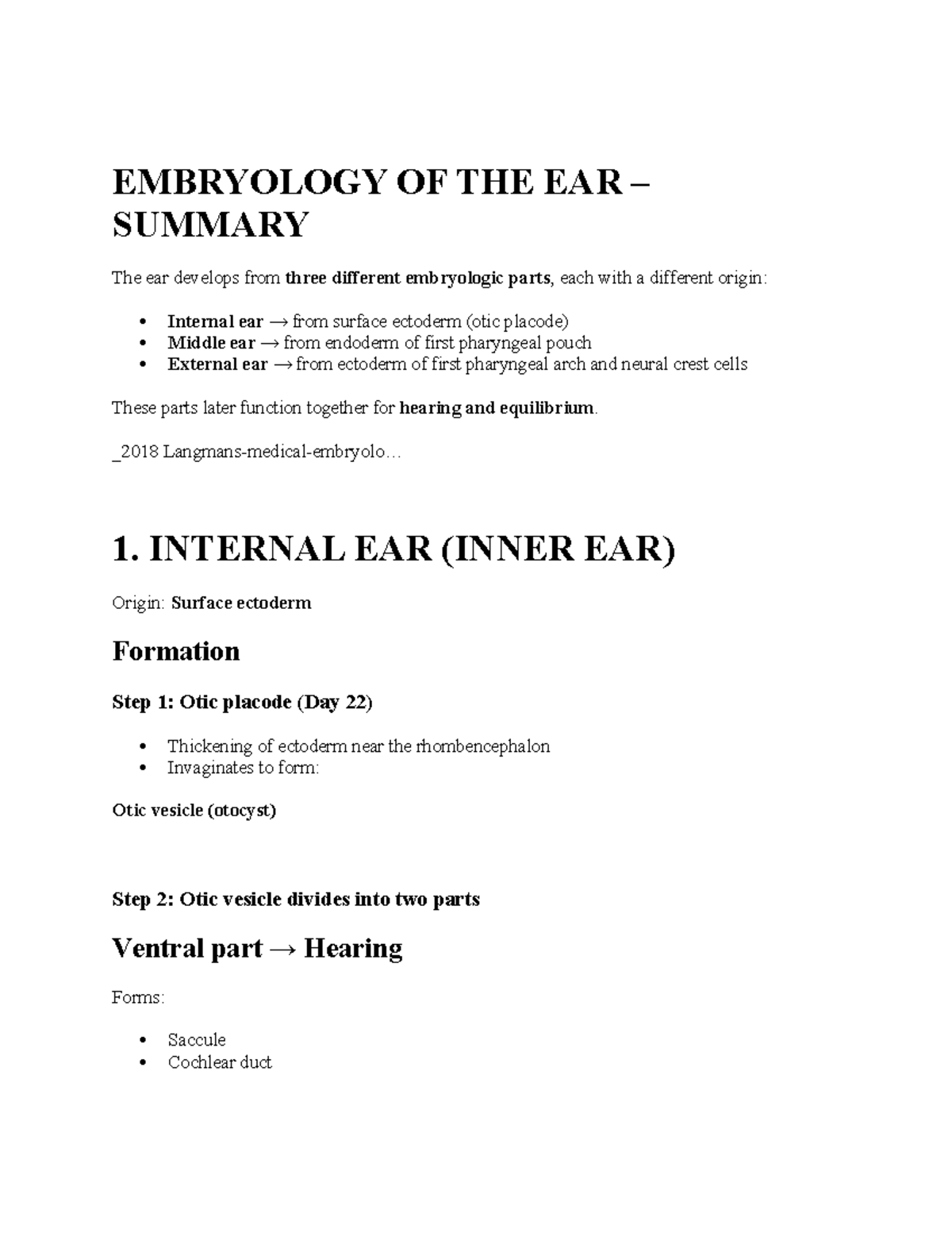 Ear Development Summary for EMBRYOLOGY 2018 Final Exam Prep - Studocu