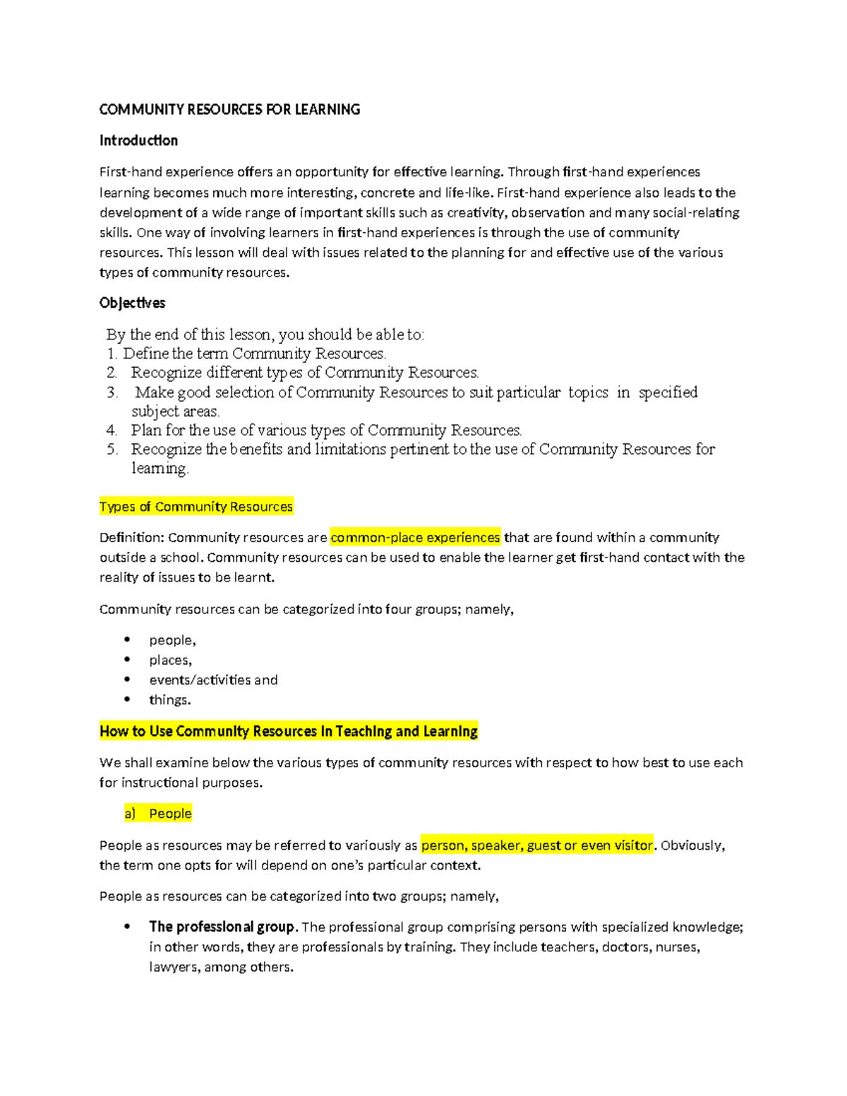 Community Resources for Learning: An Overview and Implementation Guide ...