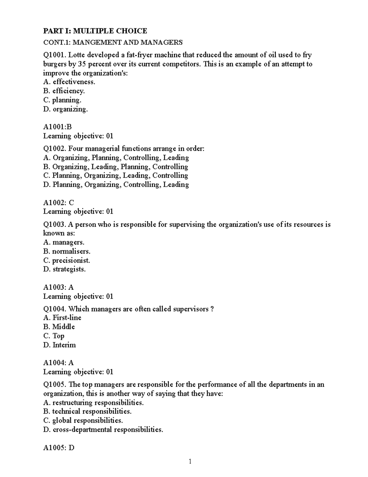Đ.An đề cương ôn tập MGT 201: Multiple Choice Questions Guide - Studocu