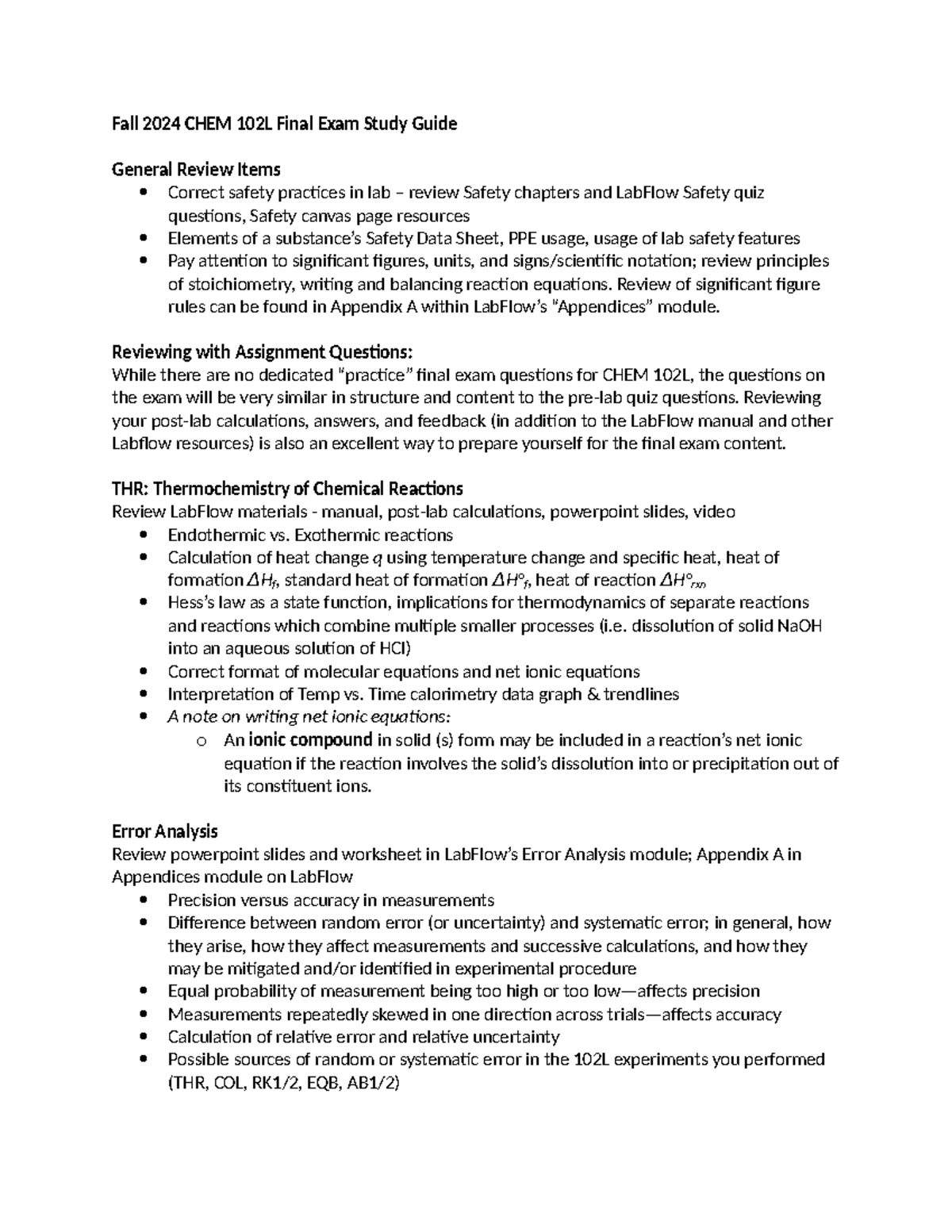 FA24 CHEM 102L Final Exam Comprehensive Study Guide - Studocu