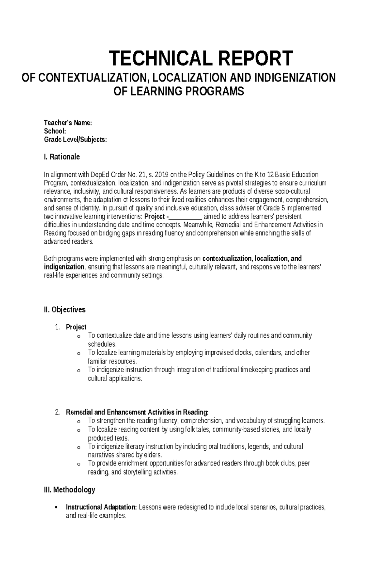 TECHNICAL REPORT ON CONTEXTUALIZATION & LOCALIZATION IN GRADE 5 - Studocu