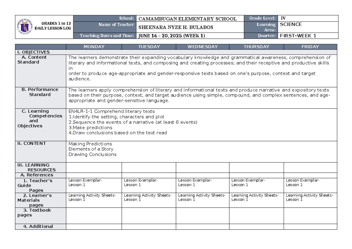 Q1 W1 Science Daily Lesson Log for Grade IV - Camambugan ES - Studocu