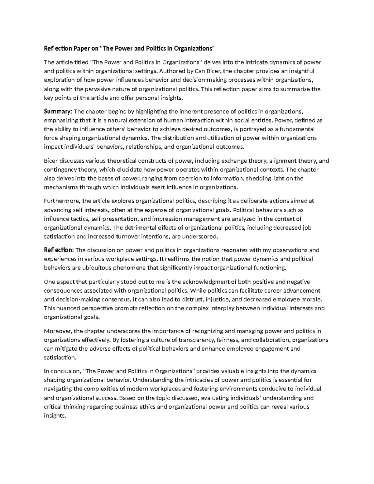 Reflection Paper on Power & Politics in Organizations (BUS 101) - Studocu