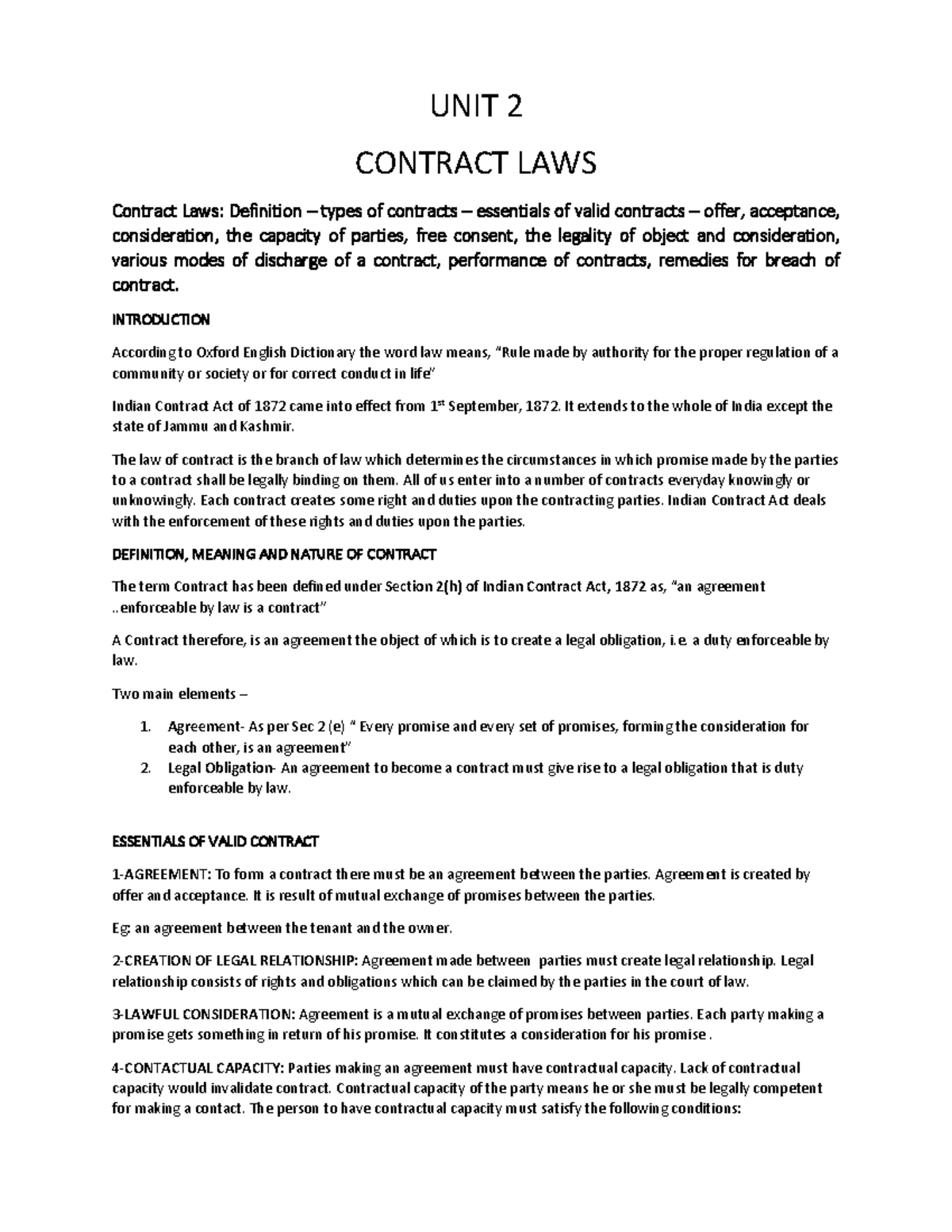 Contract Law Notes: Key Concepts and Essentials (Unit 2) - Studocu
