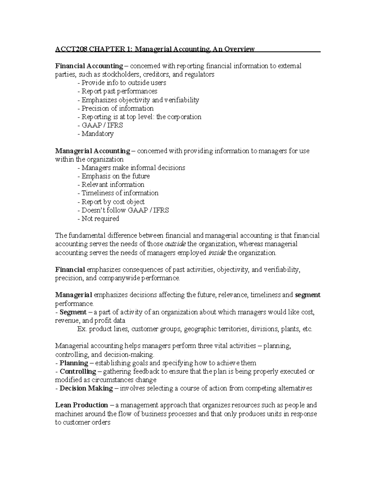 ACCT208 Exam 1 Study Guide: Managerial vs Financial Accounting Concepts ...