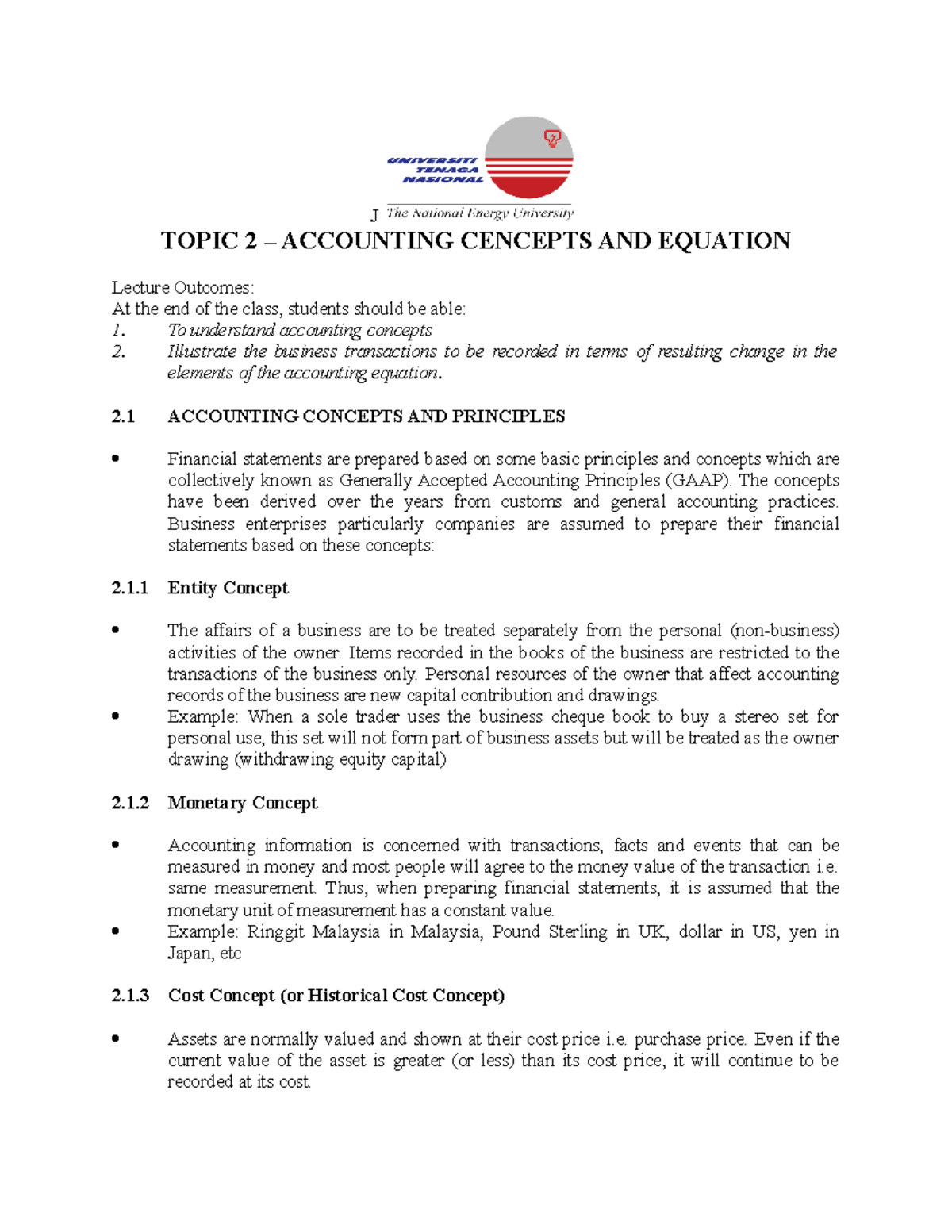 Topic 2 - Accounting Concepts and Equation - Student - J TOPIC 2 ...