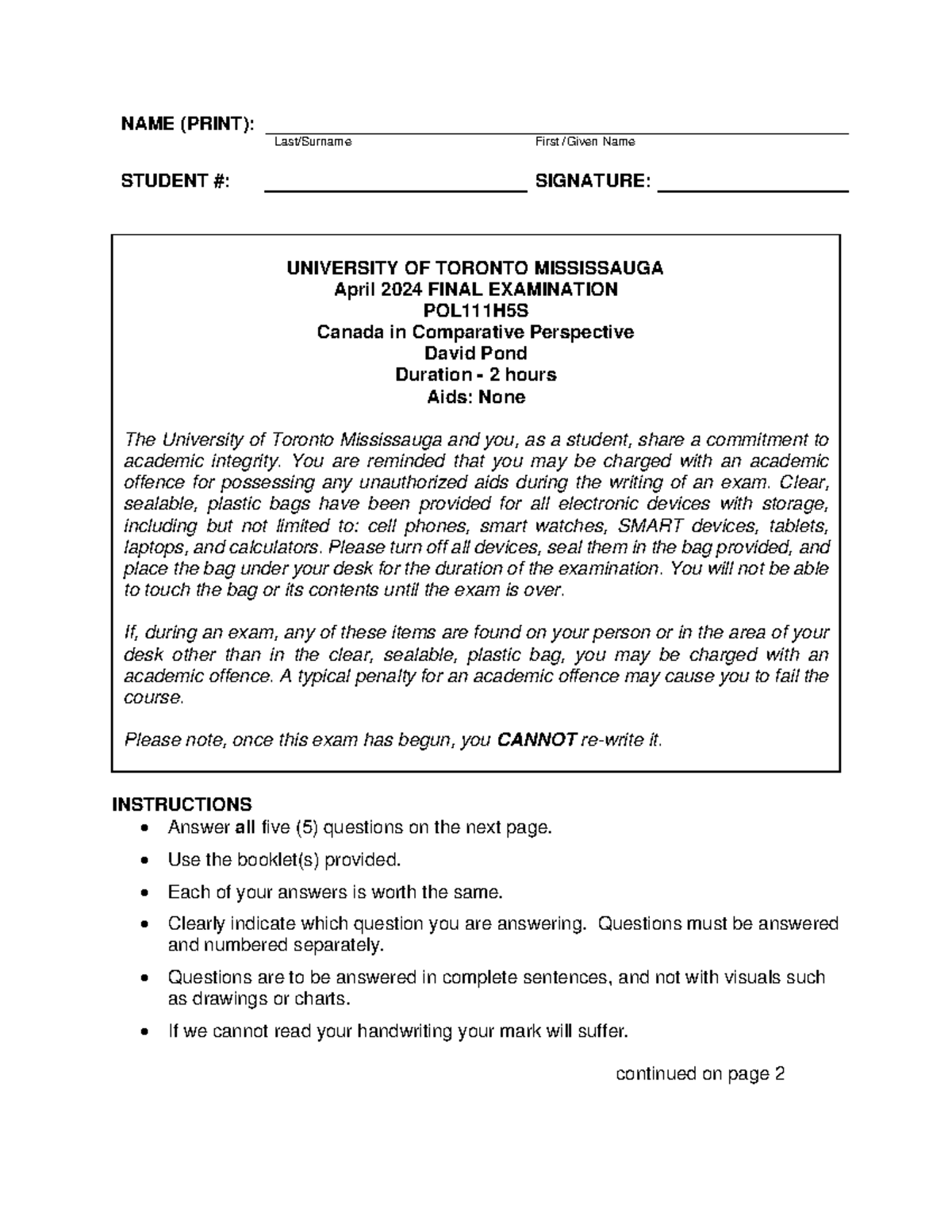 POL111 Exam in Winter 2024 NAME (PRINT) Last/Surname First /Given