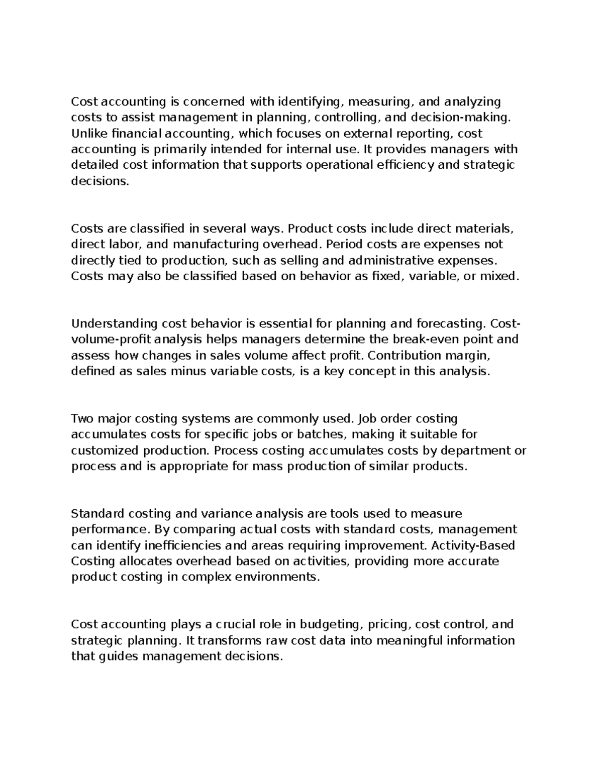 Cost Accounting Study Guide: Key Concepts & Classifications - Studocu