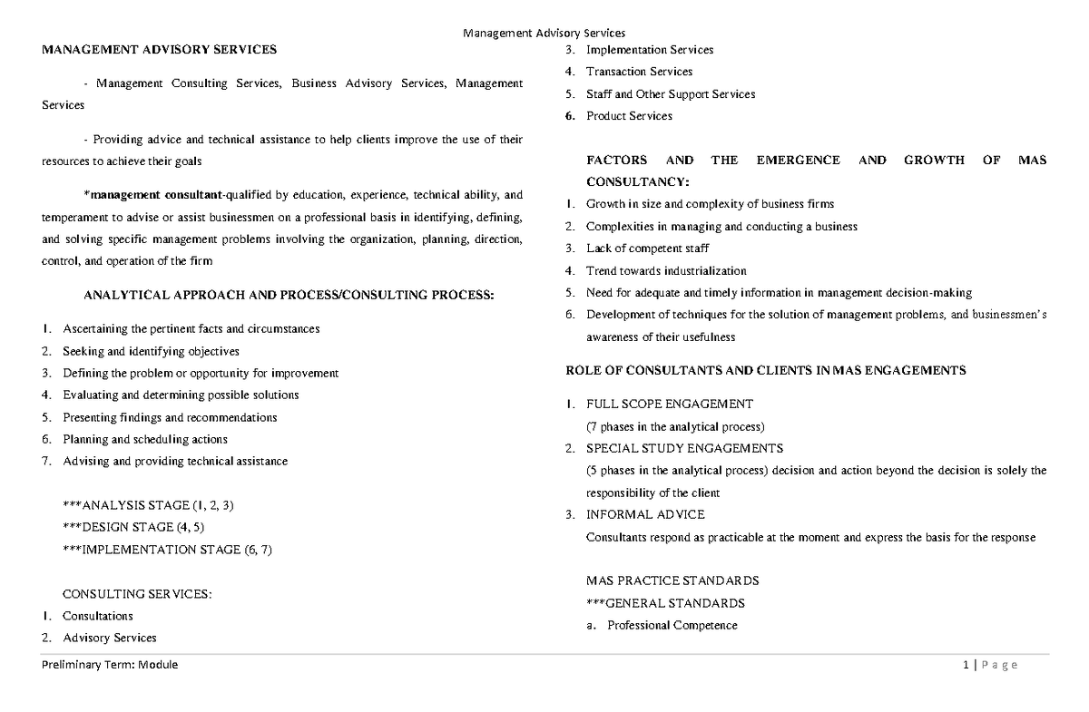 Mas preliminary notes on management advisory services and accounting ...