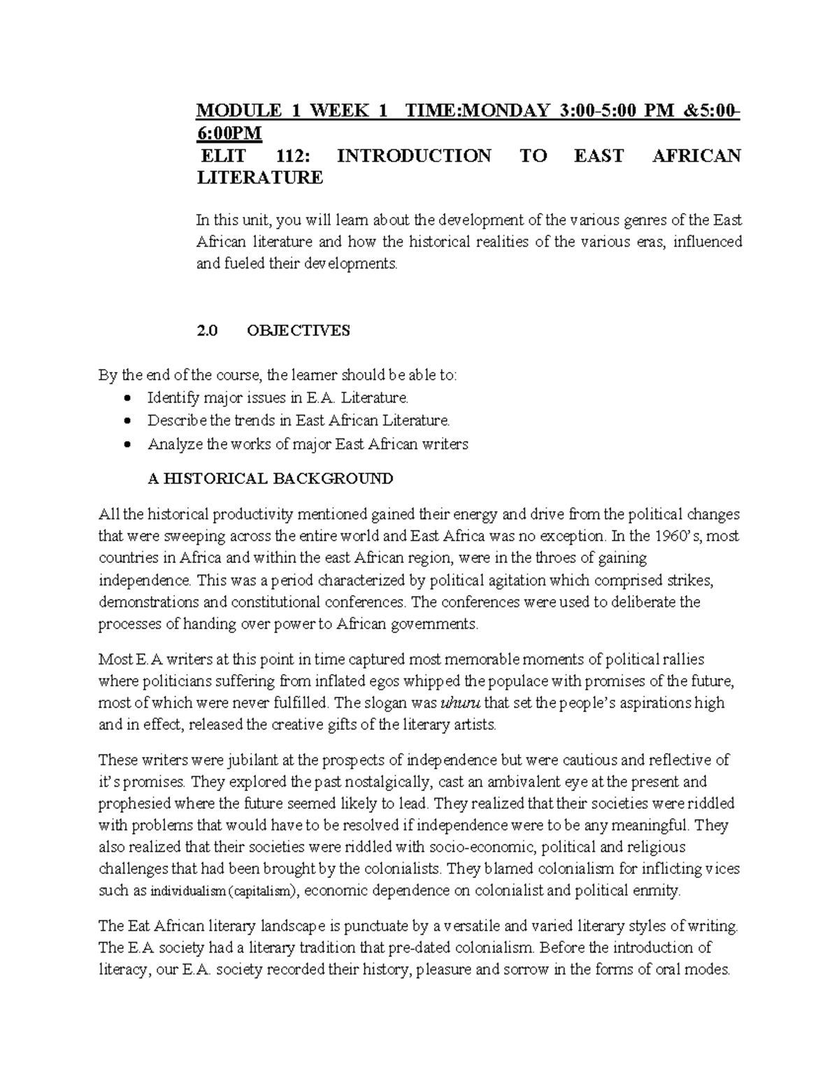 E.A. LIT 112: Intro to East African Literature - Module 1 Notes - Studocu