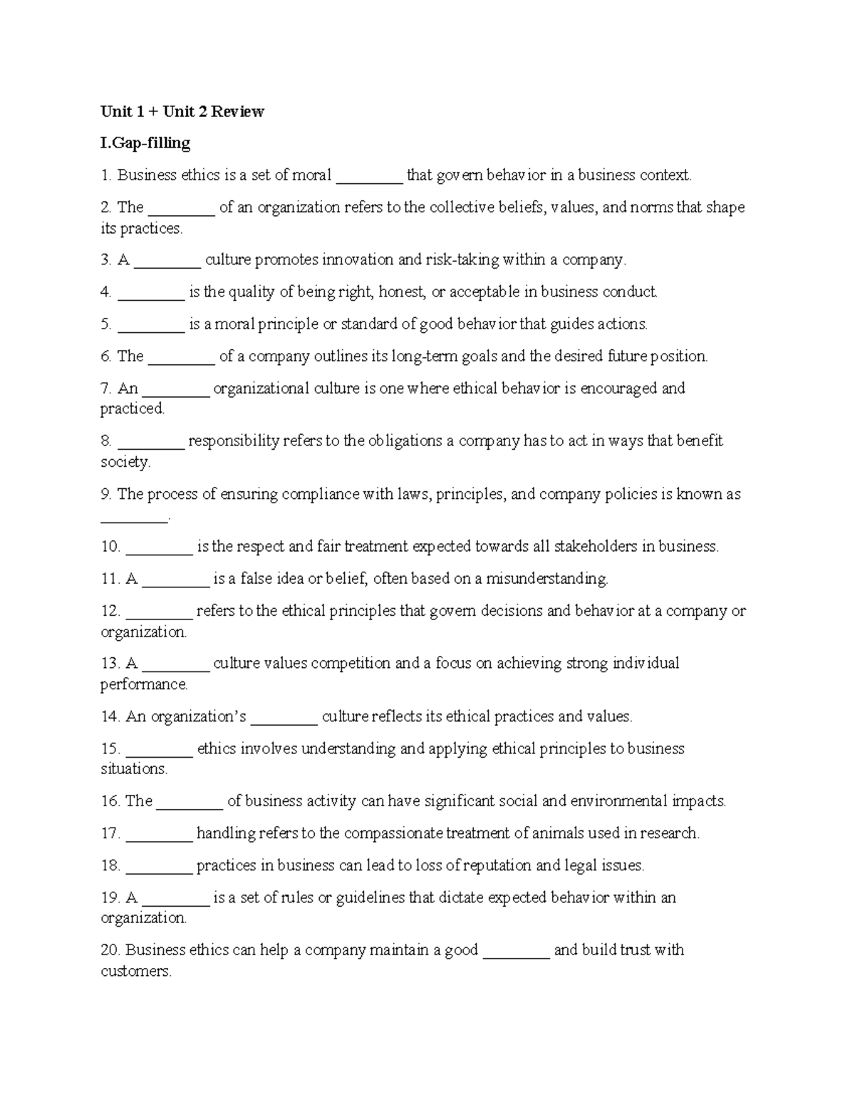 Unit 1 review sv - finish it - Unit 1 + Unit 2 Review I-filling ...