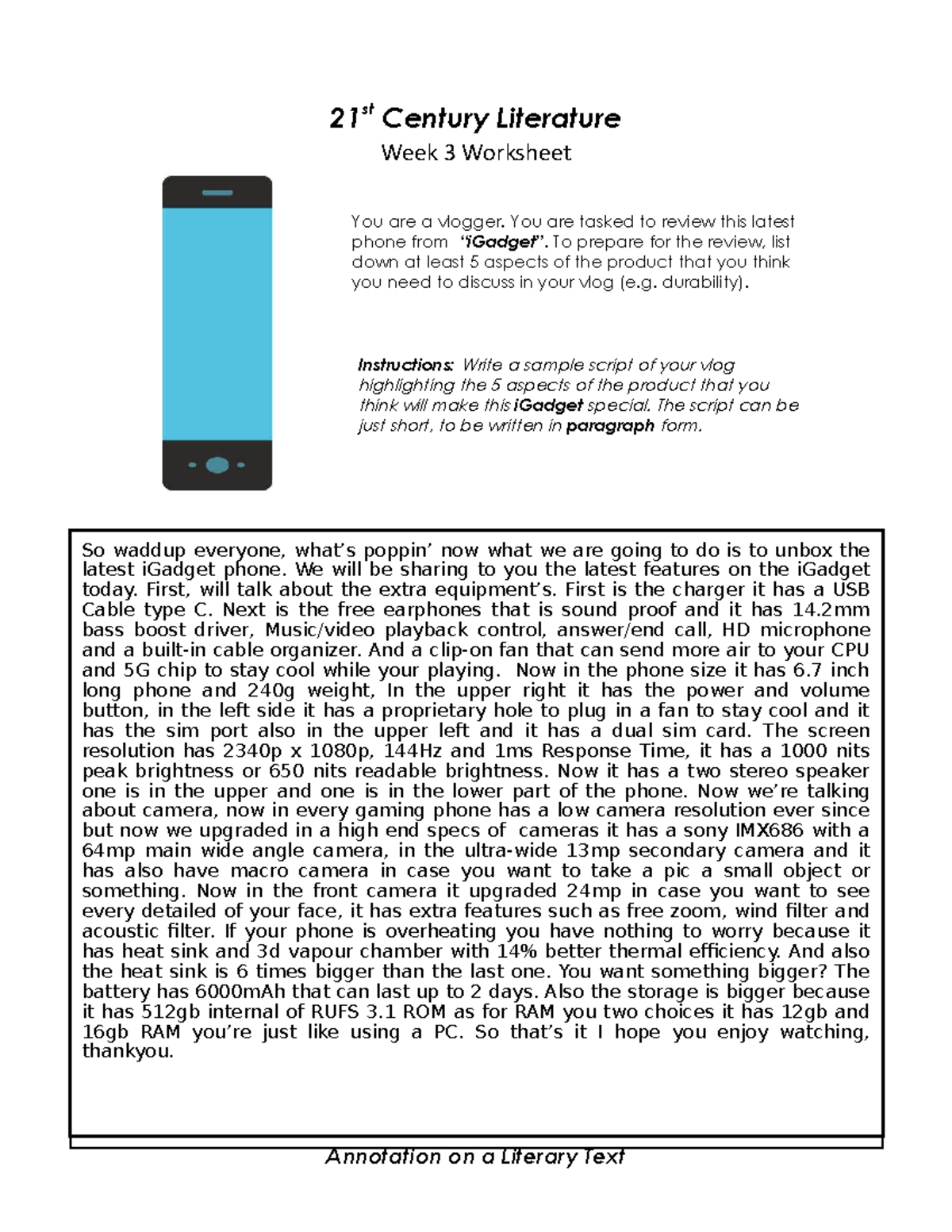 21ST-LIT - Week 3 Worksheet (Final Script & Annotation) - Studocu