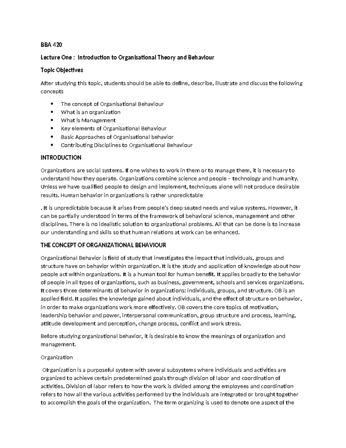 BBA 420: Lecture 1 - Intro to Organizational Theory & Behavior - Studocu