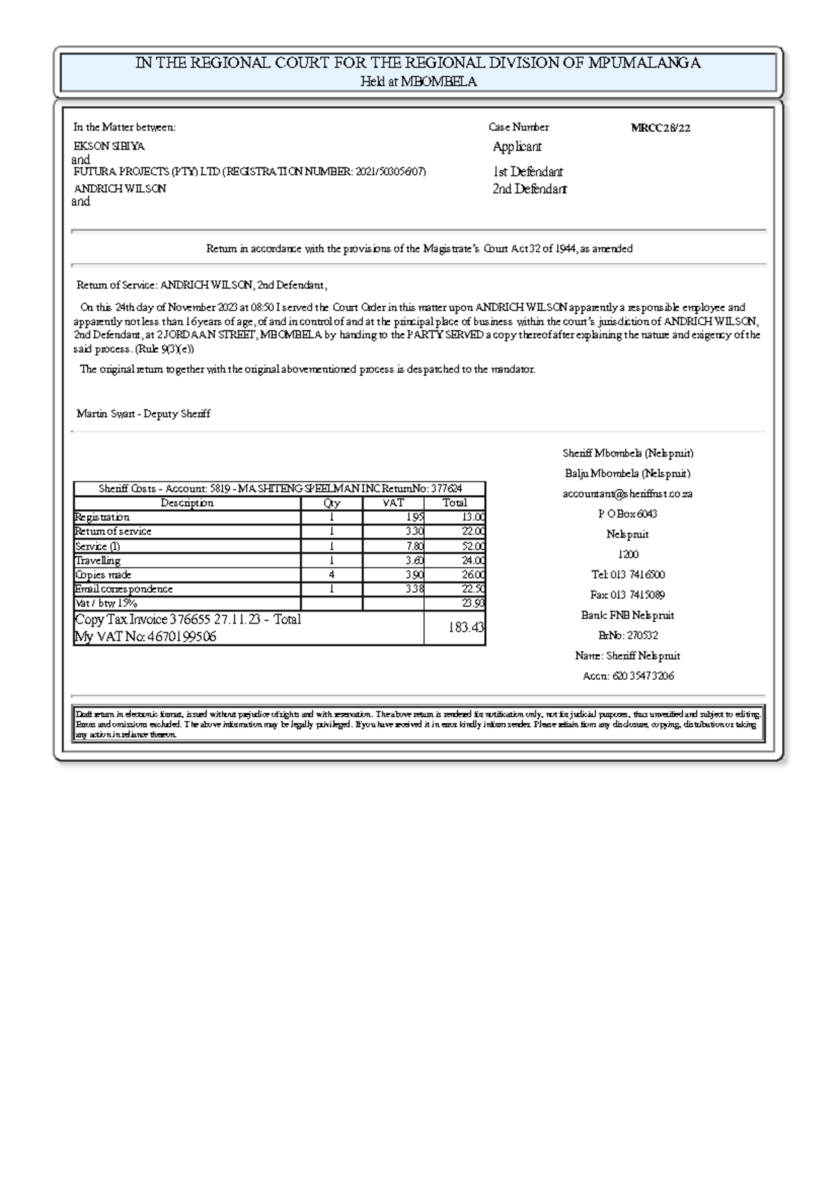 Return of Service for Case MRCC28/ – ANDRICH WILSON, 2nd Defendant ...