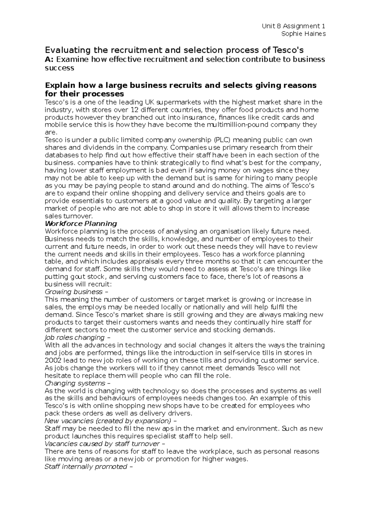 Unit 8 Assignment 1: Evaluating Tesco's Recruitment & Selection Process ...