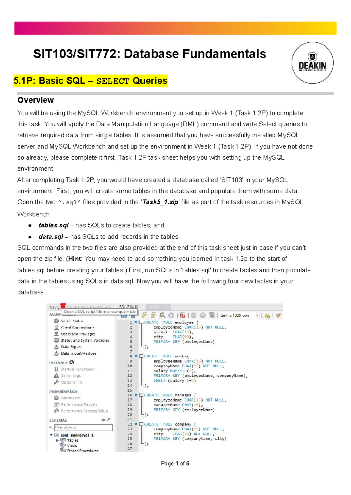 SIT103-5: Overview of Basic SQL SELECT Queries in MySQL - Studocu