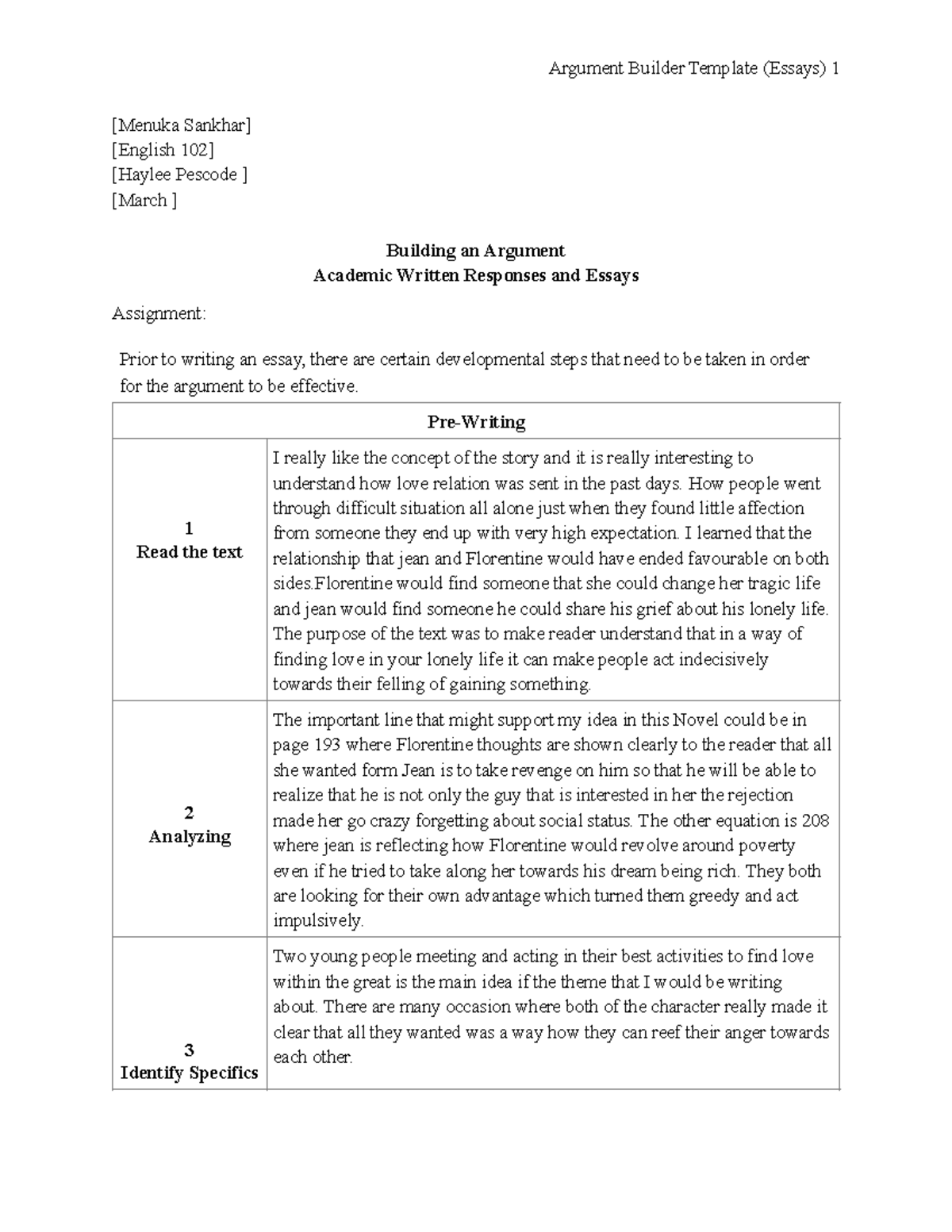 Building an Argument (Template) essay 2 - Argument Builder Template ...