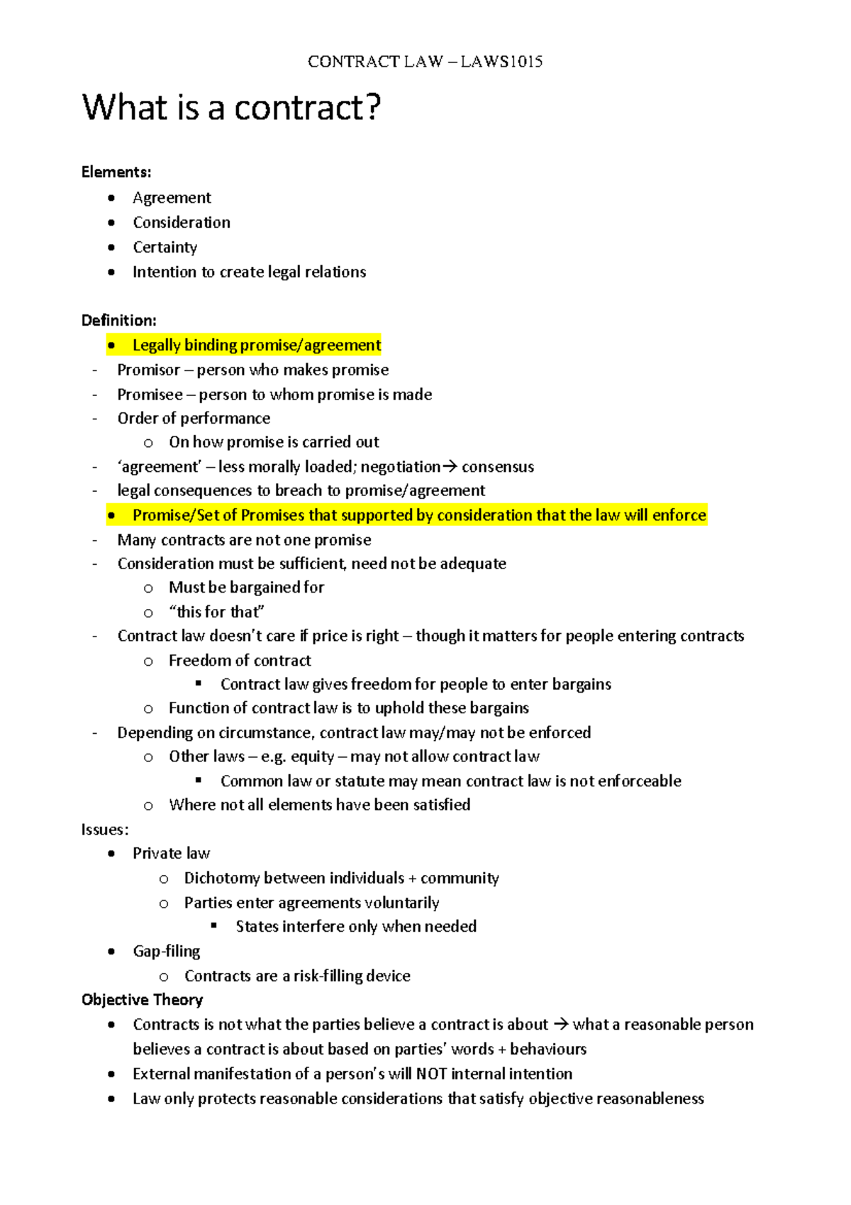 LAWS1015 Midterm Exam Notes on Contract Law Principles and Theory - Studocu