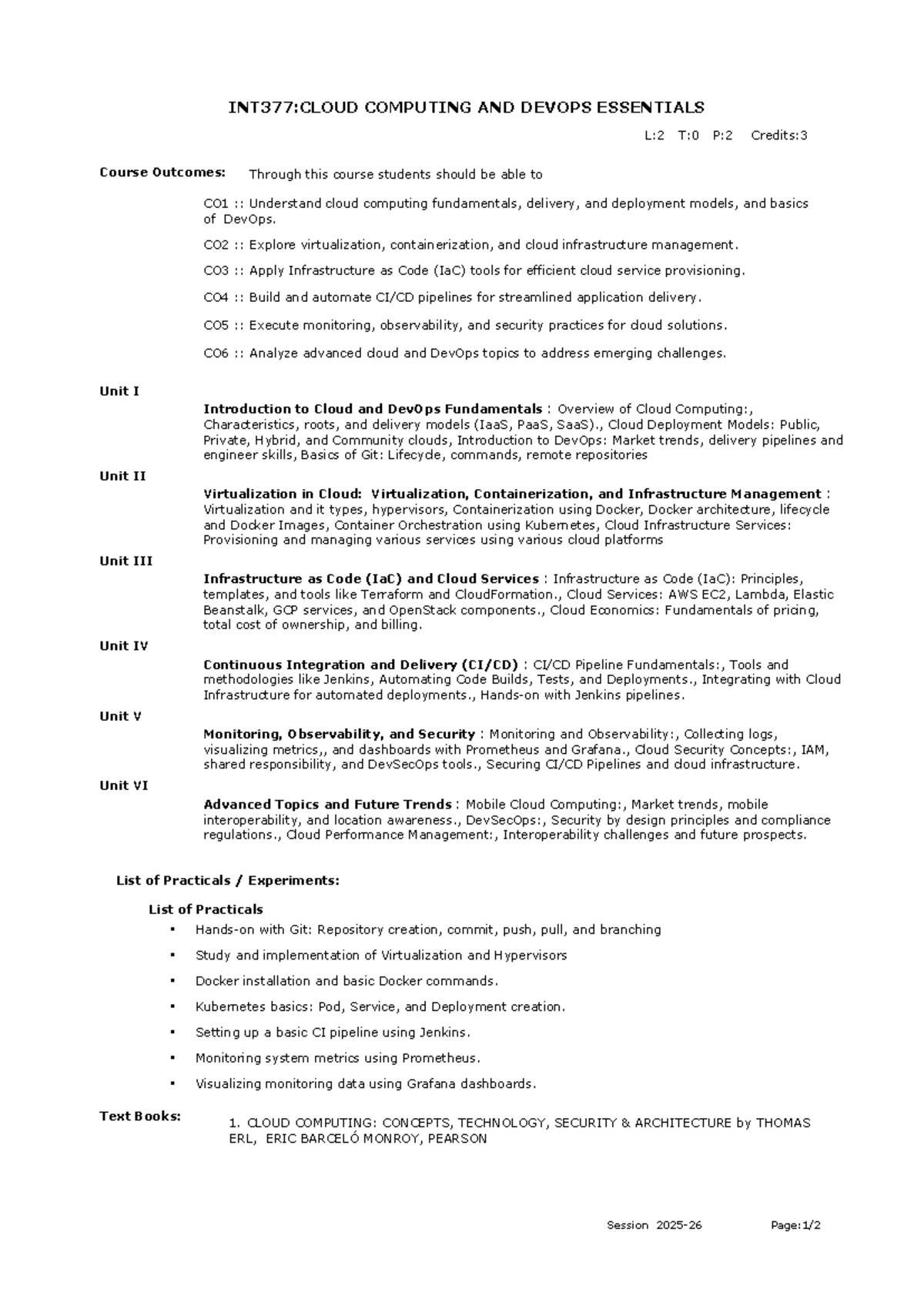 INT377: Cloud Computing & DevOps Essentials Syllabus 2026 - Studocu