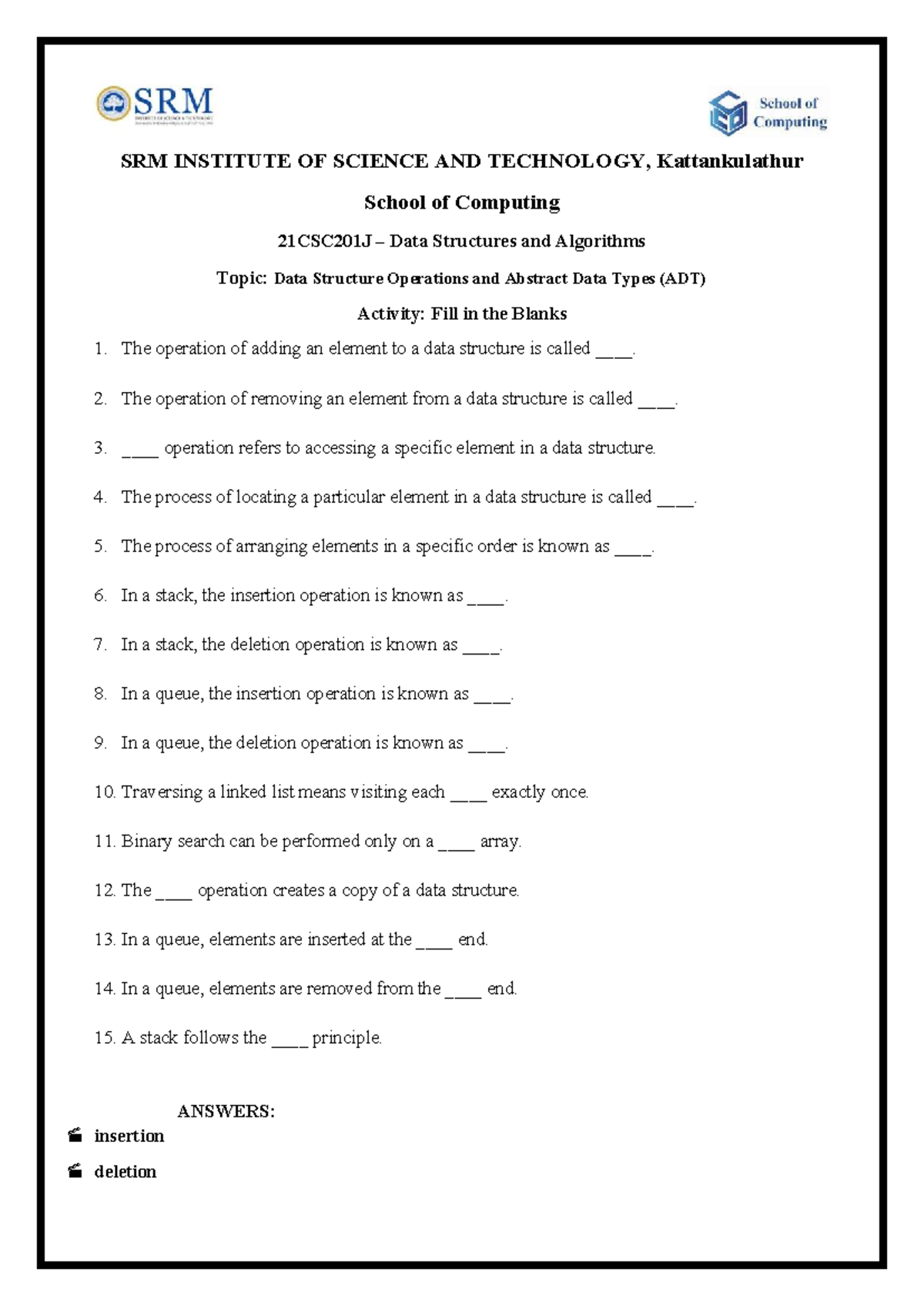 21CSC201J Data Structures & Algorithms: ADT Operations Fill-in-the ...