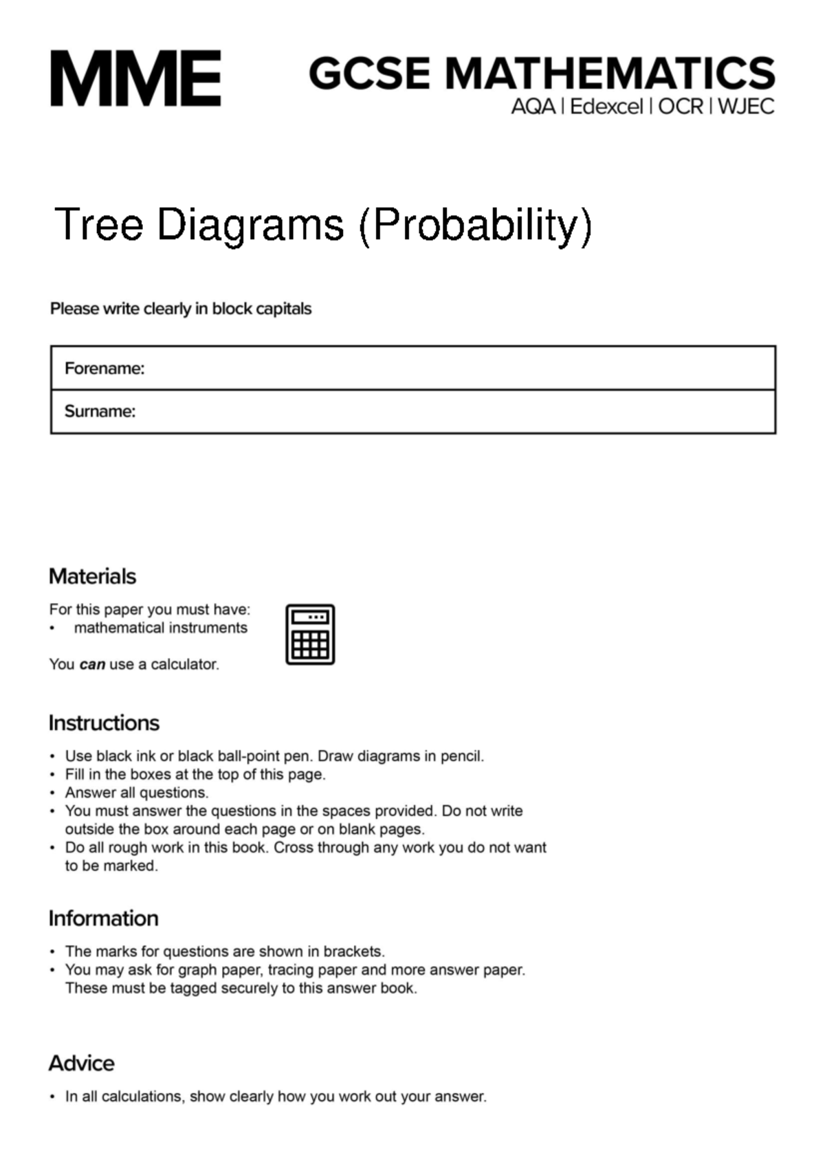 Probability Trees Worksheet (Maths 2) - Studocu