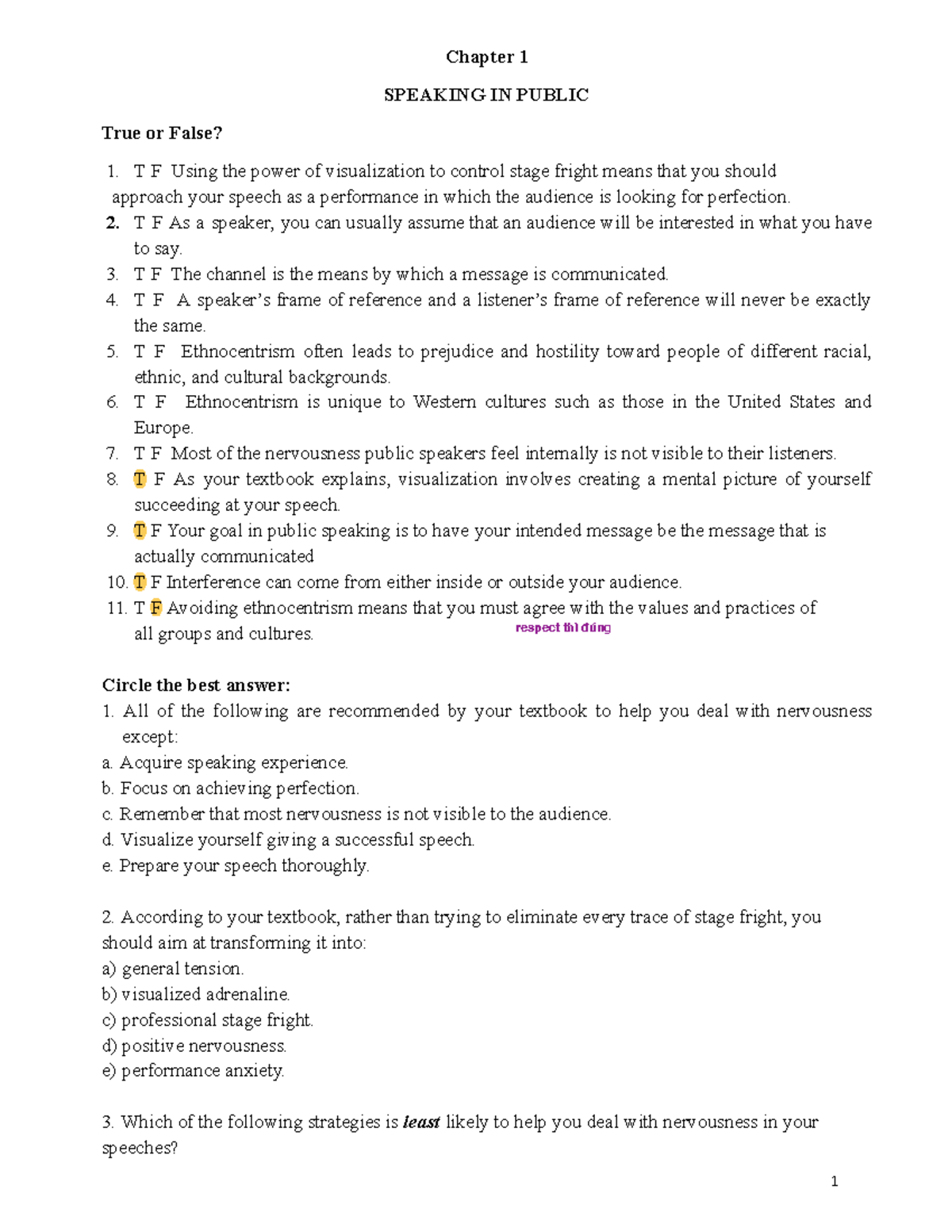 Chapter 1 - Public Speaking: True or False Quiz and Insights - Studocu