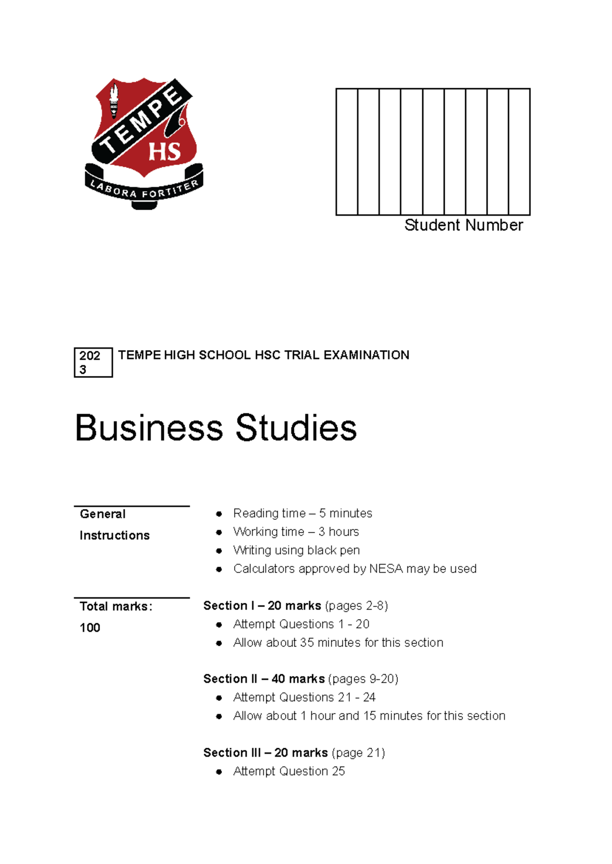THS23 12BS Trial Examination Paper - Student Number 202 3 TEMPE HIGH ...