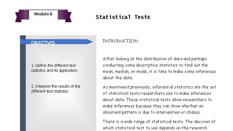 STAT1 Module 8: Objectives and Applications of Statistical Tests - Studocu