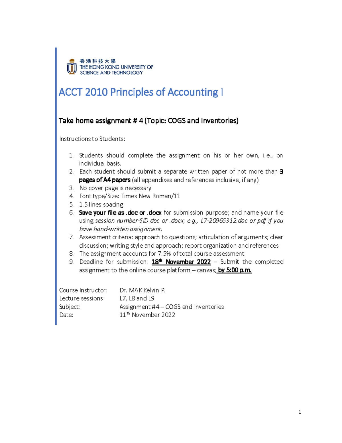 ACCT2010 Assignment 4: COGS & Inventories Analysis for Fall 2022 - Studocu