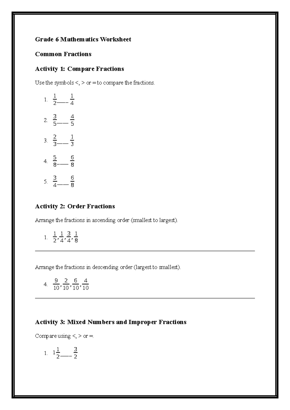 Grade 6 Math Worksheet: Comparing & Ordering Common Fractions - Studocu