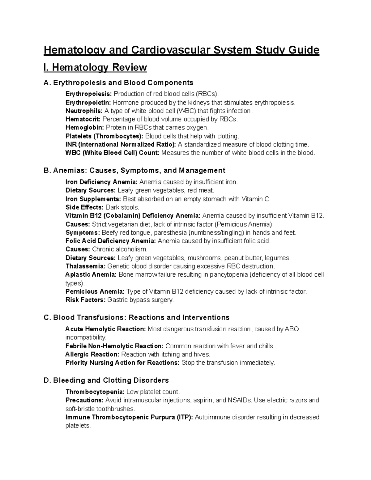 Study Guide - Medsurg - Exam 3: Hematology & Cardiovascular Systems ...